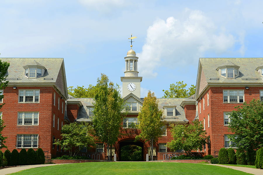 an exterior of a large building at a boarding school
