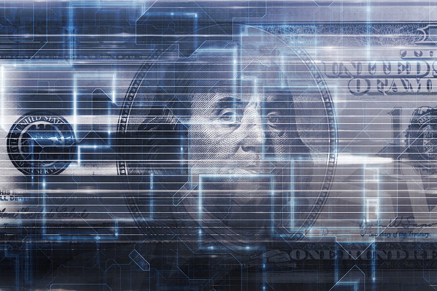 an image of a hundred dollar bill with digital imagery overlaid on top