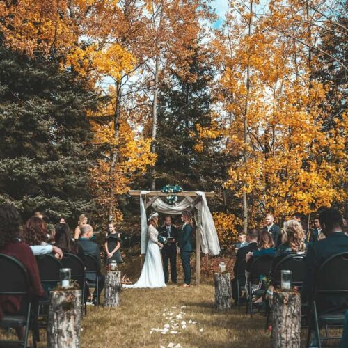 a costly wedding in the fall with color leaves in the background