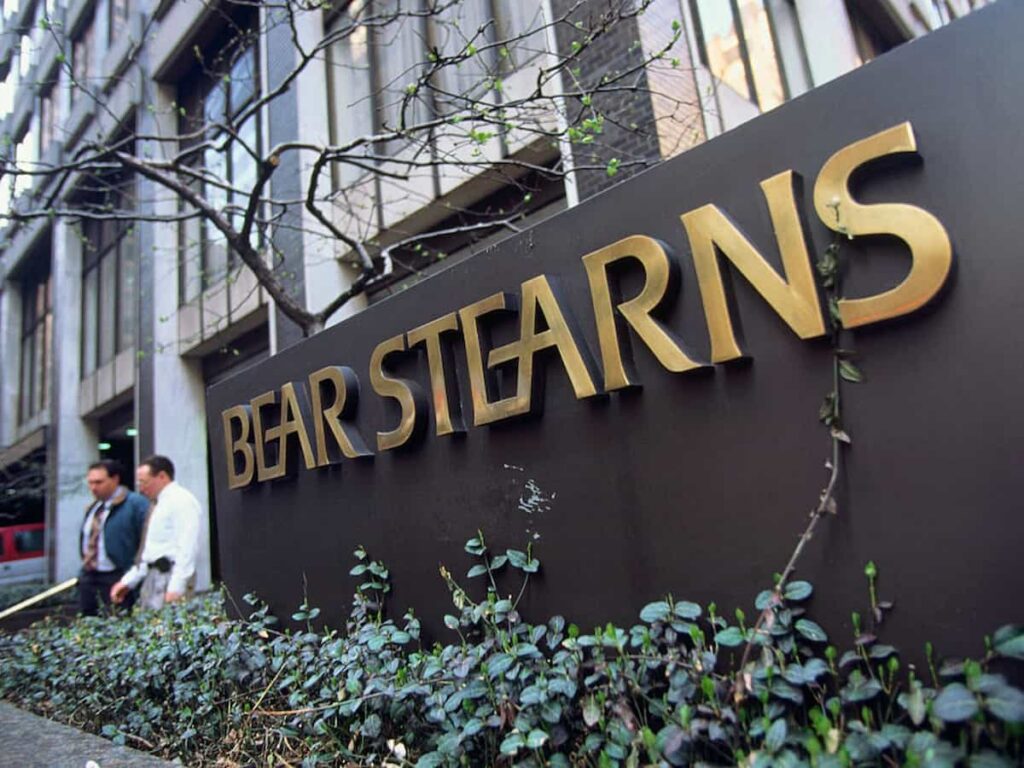 the entrance to a bear stearns office building