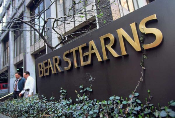 the entrance to a bear stearns office building